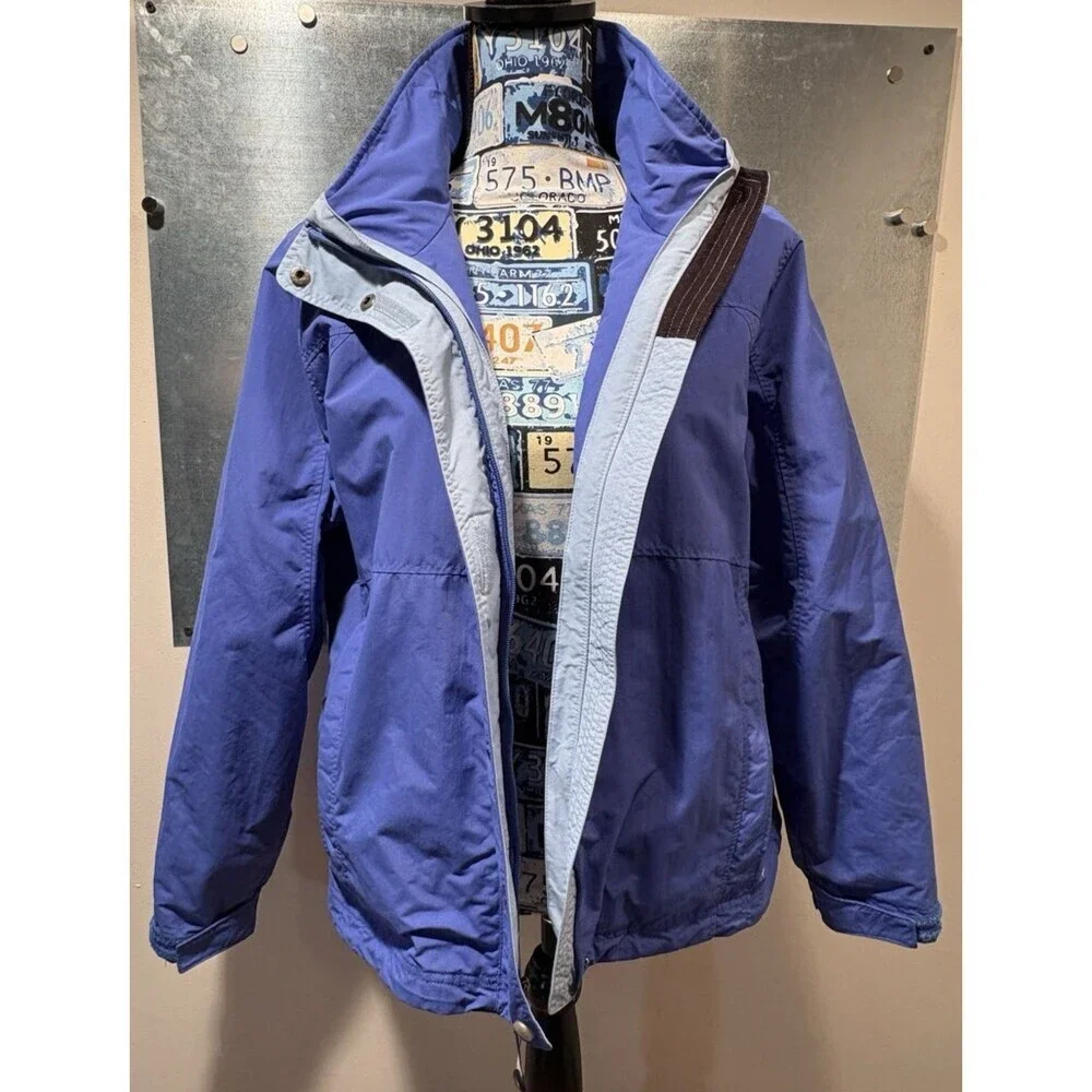 LL Bean 3 in 1 Jacket Women's Blue Windbreaker Hid-a-Hood Rain Jacket L-REG - Picture 3 of 16
